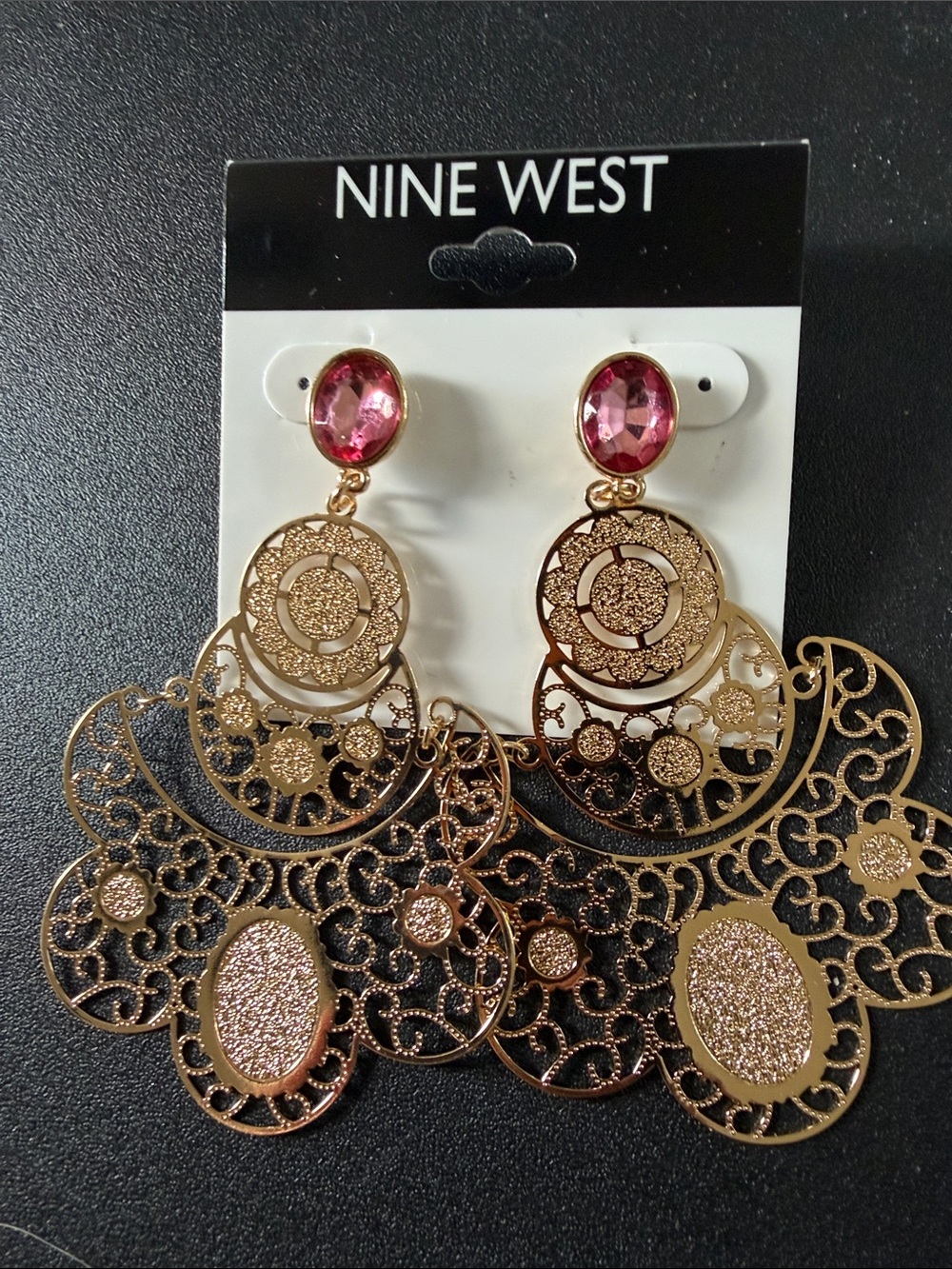 Nine West Gold Filigree Drop Earrings with Pink Stones